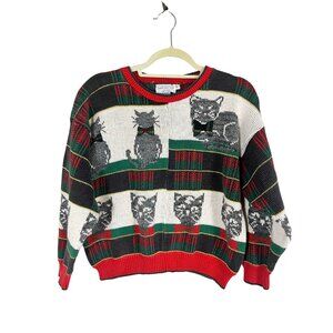 Vintage Knit Christmas Sweater S Cat Plaid Festive Holiday 80s Retro Classic